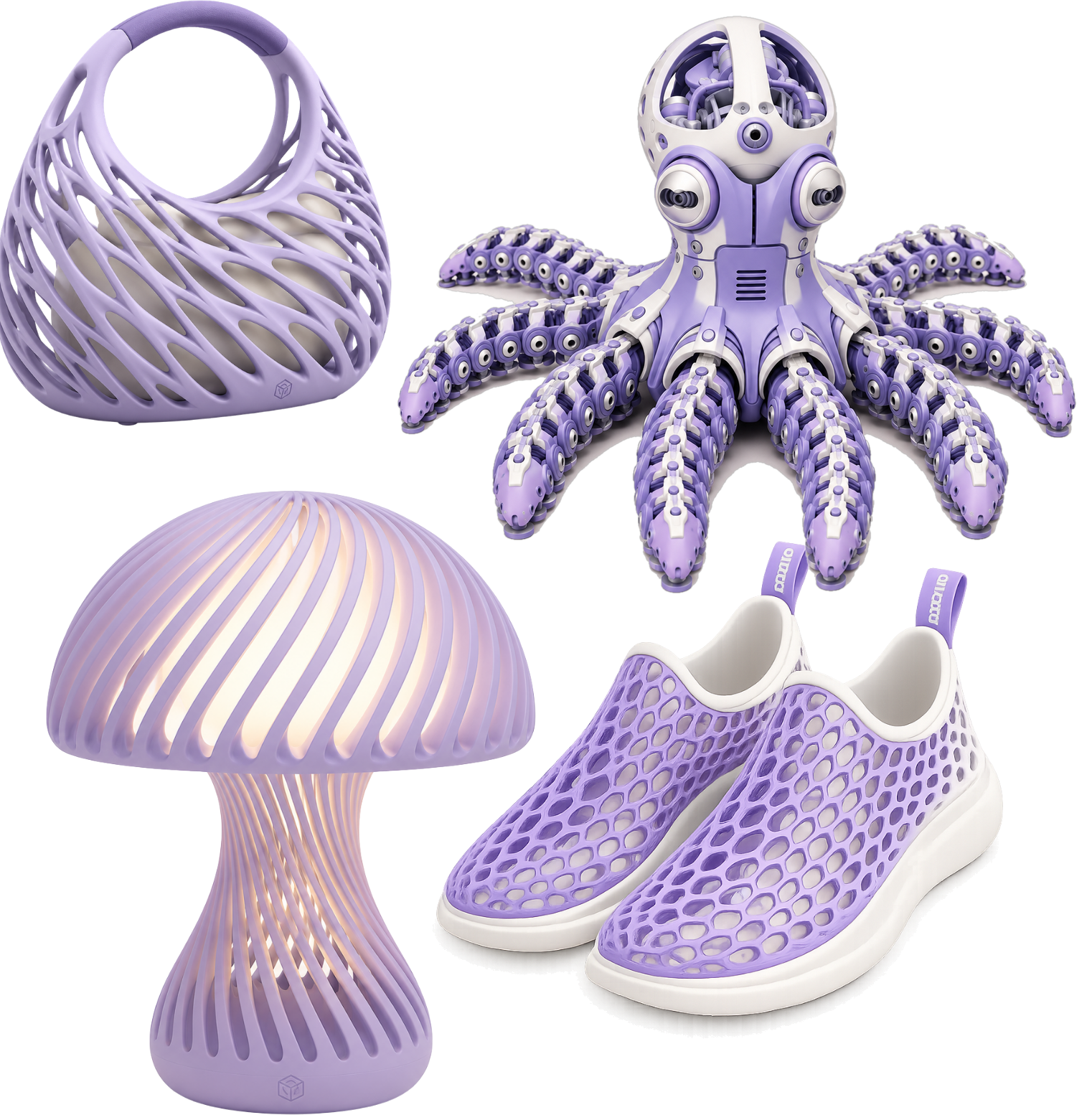3D printed products: a lattice-weave basket, an articulated octopus figure, a lamp, and slip-on shoes